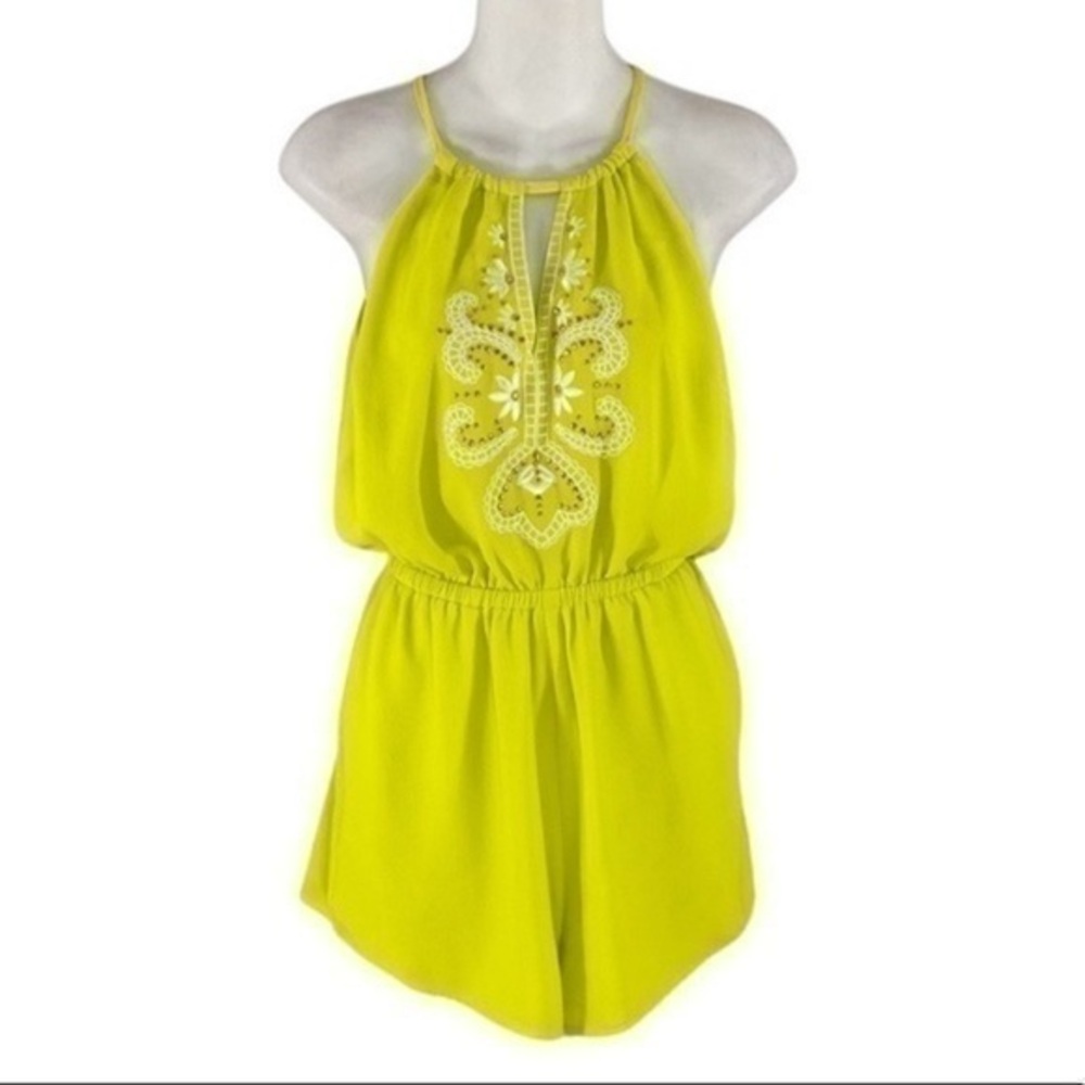 Bebe neon green embroidered stud halter romper XS AD9